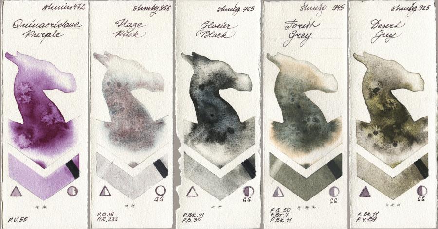 Shminke Horadam Aquarell 472 Quinacridone Purple, 966 Haze Pink, 965 Glacier Black, 945 Forest Grey, 925 Desert Gr watercolor swatch