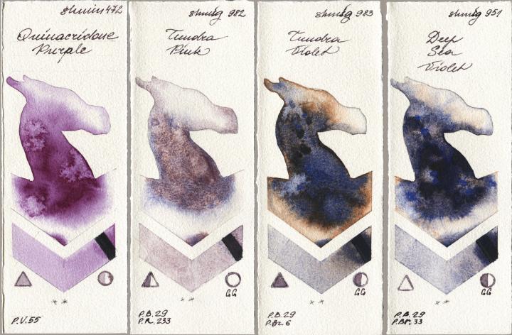 Shminke Horadam Aquarell 472 Quinacridone Purple vs 982 Tundra Pink vs 983 Tundra Violet vs 951 Deep Sea Violet watercolor swatch