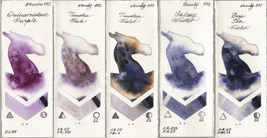 Shminke Horadam Aquarell 472 Quinacridone Purple, 982 Tundra Pink, 983 Tundra Violet, 972 Galaxy Violet, 951 Deep Sea Viol watercolor swatch