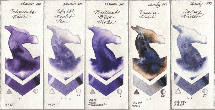 Shminke Horadam Aquarell 476 Schmincke Violet, 473 Cobalt Violet Hue, 910 Brilliant Blue Violet, 983 Tundra Violet, 972 Galaxy Viol watercolor swatch