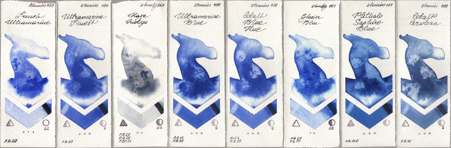 Shminke Horadam Aquarell 493 French Ultramarine, 494 Ultramarine Finest, 968 Haze Indigo, 496 Ultramarine Blue, 486 Cobalt Blue Hue, 961 Glacier Blue, 477 Phthalo Saphire Blue, 499 Cobalt Cerule watercolor swatch