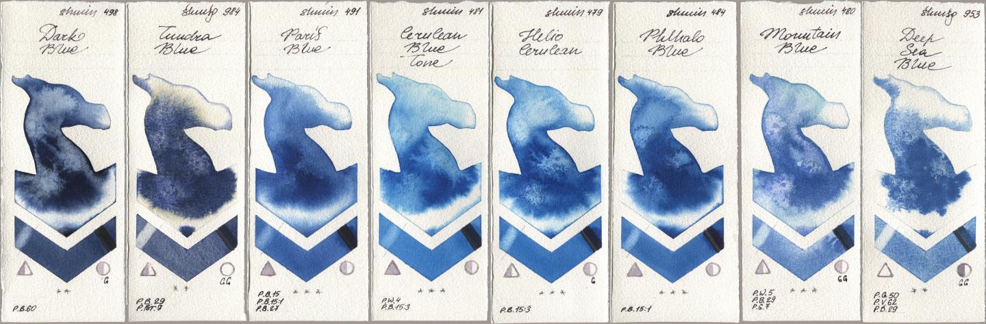 Shminke Horadam Aquarell 498 Dark Blue, 984 Tundra Blue, 491 Paris Blue, 481 Cerulean Blue Tone, 479 Helio Cerulean, 484 Phthalo Blue, 480 Mountain Blue, 953 Deep Sea Bl watercolor swatch