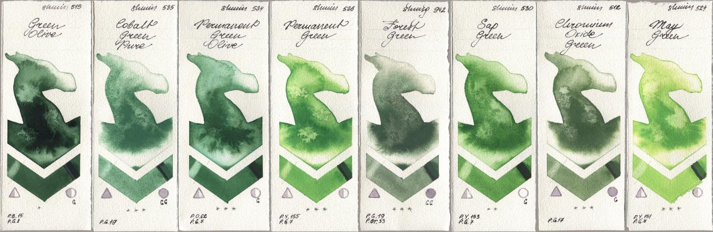 Shminke Horadam Aquarell 515 Green Olive, 535 Cobalt Green Pure, 534 Permanent Green Olive, 526 Permanent Green, 942 Forest Green, 530 Sap Green, 512 Chromium Oxide Green, 524 May Gre watercolor swatch