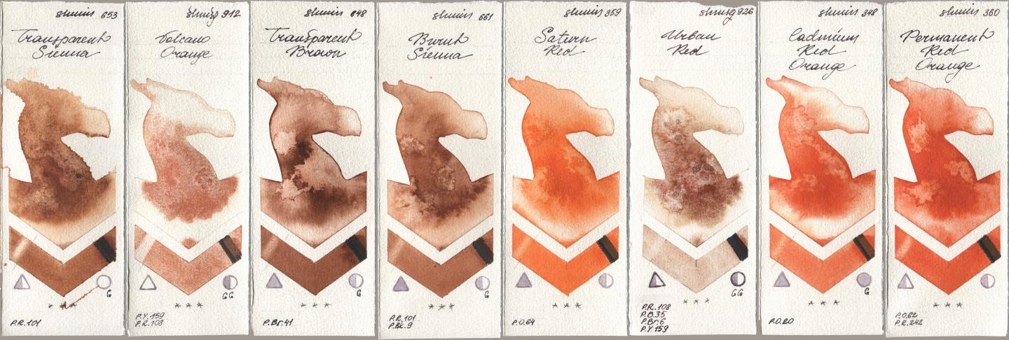 Shminke Horadam Aquarell 653 Transparent Sienna, 912 Volcano Orange, 648 Transparent Brown, 661 Burnt Sienna, 359 Saturn Red, 926 Urban Red, 348 Cadmium Red Orange, 360 Permanent Red Oran watercolor swatch