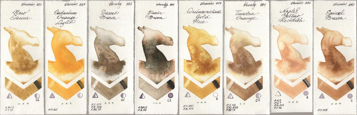 Shminke Horadam Aquarell 660 Raw Sienna, 227 Cadmium Orange Light, 923 Desert Brown, 964 Glacier Brown, 217 Quinacridone Gold Hue, 981 Tundra Orange, 230 Naples Yellow Reddish, 650 Spinel Bro watercolor swatch