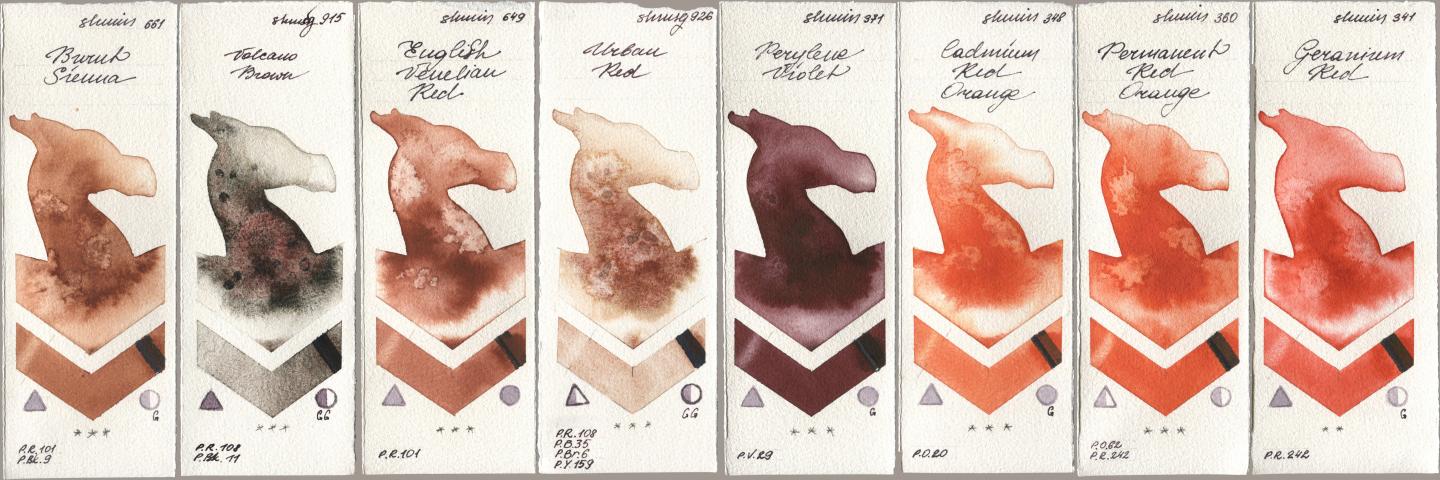 Shminke Horadam Aquarell 661 Burnt Sienna, 915 Volcano Brown, 649 English Venetian Red, 926 Urban Red, 371 Perylene Violet, 348 Cadmium Red Orange, 360 Permanent Red Orange, 341 Geranium R watercolor swatch