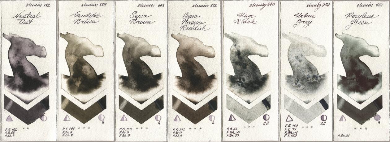Shminke Horadam Aquarell 782 Neutral Tint, 669 Vandyke Brown, 663 Sepia Brown, 662 Sepia Brown Reddish, 970 Haze Black, 956 Urban Grey, 784 Perylene Gre watercolor swatch