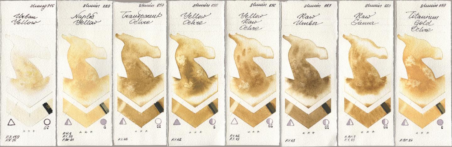 Shminke Horadam Aquarell 916 Urban Yellow, 229 Naples Yellow, 657 Transparent Ochre, 655 Yellow Ochre, 656 Yellow Raw Ochre, 667 Raw Umber, 660 Raw Sienna, 659 Titanium Gold Och watercolor swatch