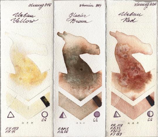 Shminke Horadam Aquarell 916 Urban Yellow vs 964 Glacier Brown vs 926 Urban Red watercolor swatch