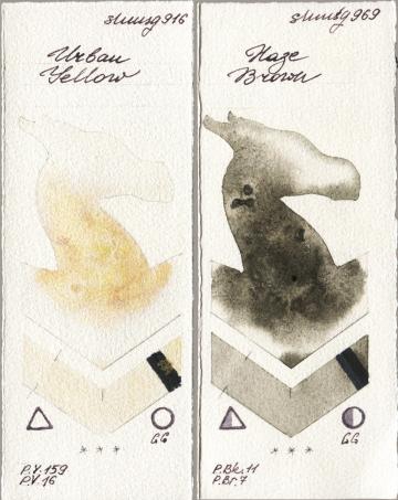 Shminke Horadam Aquarell 916 Urban Yellow vs 969 Haze Brown watercolor swatch