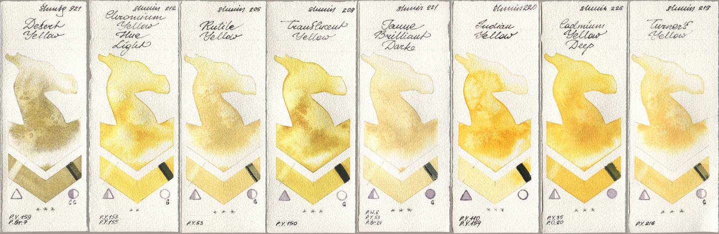 Shminke Horadam Aquarell 921 Desert Yellow, 212 Chromium Yellow Hue Light, 205 Rutile Yellow, 209 Translucent Yellow, 221 Brilliant Yellow Dark (Jaune Brilliant Dark), 220 Indian Yellow, 226 Cadmium Yellow Deep, 219 Turner‘s Yell watercolor swatch