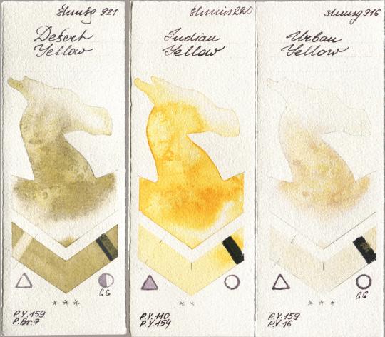 Shminke Horadam Aquarell 921 Desert Yellow, 220 Indian Yellow, 916 Urban Yell watercolor swatch