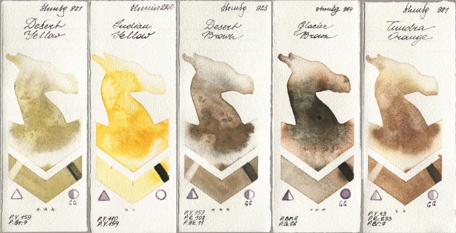 Shminke Horadam Aquarell 921 Desert Yellow, 220 Indian Yellow, 923 Desert Brown, 964 Glacier Brown, 981 Tundra Oran watercolor swatch