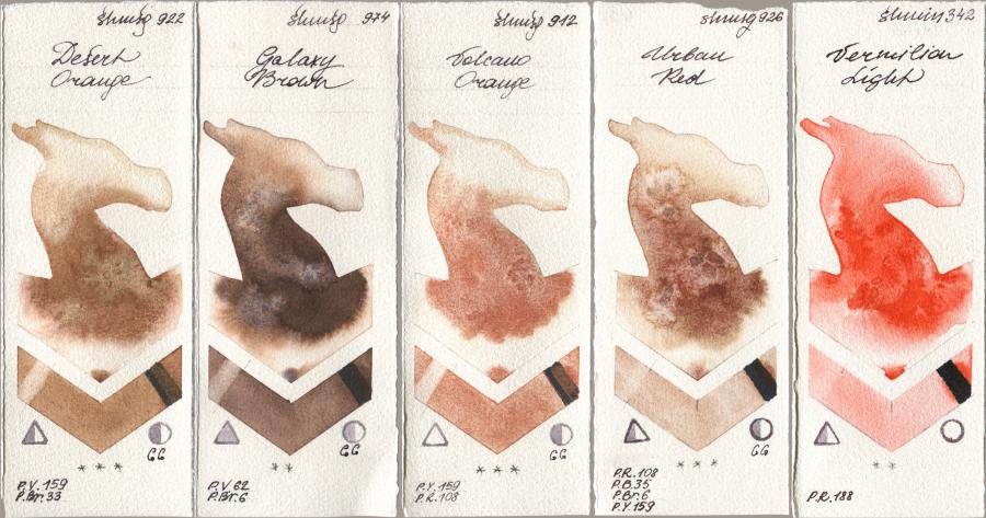 Shminke Horadam Aquarell 922 Desert Orange, 974 Galaxy Brown, 912 Volcano Orange, 926 Urban Red, 342 Vermilion Lig watercolor swatch
