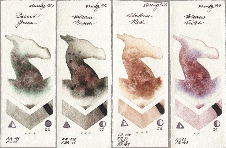Shminke Horadam Aquarell 924 Desert Green vs 915 Volcano Brown vs 926 Urban Red vs 914 Volcano Violet watercolor swatch