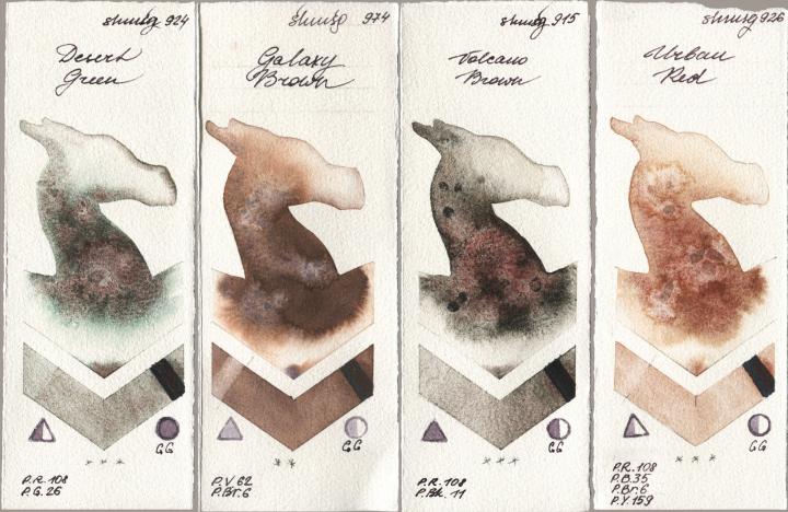 Shminke Horadam Aquarell 924 Desert Green, 974 Galaxy Brown, 915 Volcano Brown, 926 Urban R watercolor swatch