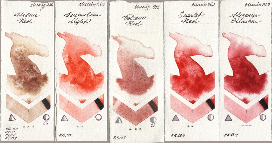 Shminke Horadam Aquarell 926 Urban Red, 342 Vermilion Light, 913 Volcano Red, 363 Scarlet Red, 357 Alizarin Crims watercolor swatch
