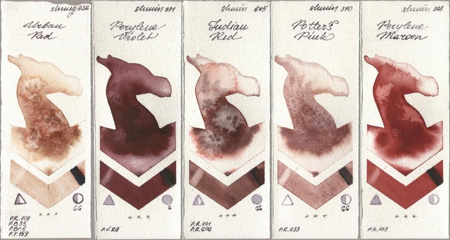 Shminke Horadam Aquarell 926 Urban Red, 371 Perylene Violet, 645 Indian Red, 370 Potters Pink, 366 Perylene Maro watercolor swatch