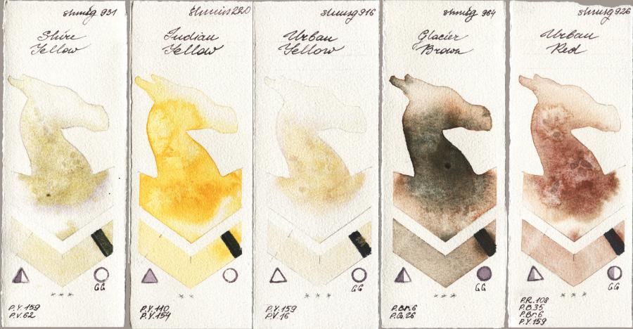 Shminke Horadam Aquarell 931 Shire Yellow vs 220 Indian Yellow vs 916 Urban Yellow vs 964 Glacier Brown vs 926 Urban Red watercolor swatch