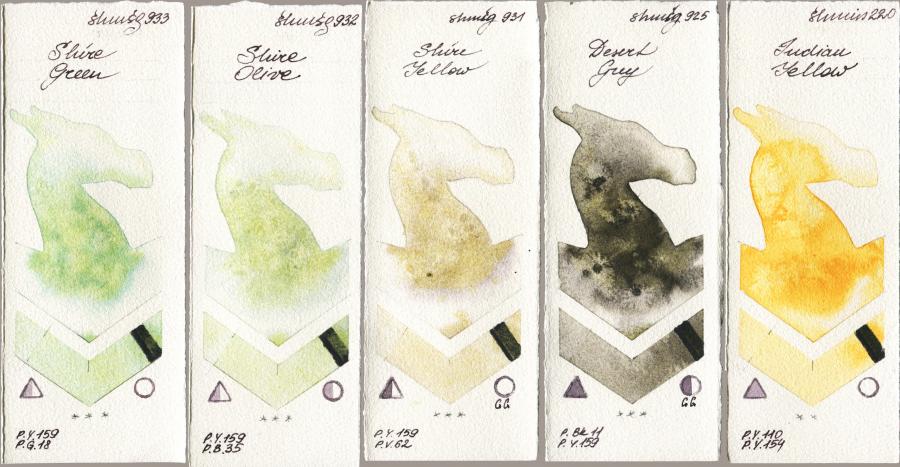 Shminke Horadam Aquarell 933 Shire Green vs 932 Shire Olive vs 931 Shire Yellow vs 925 Desert Grey vs 220 Indian Yellow watercolor swatch