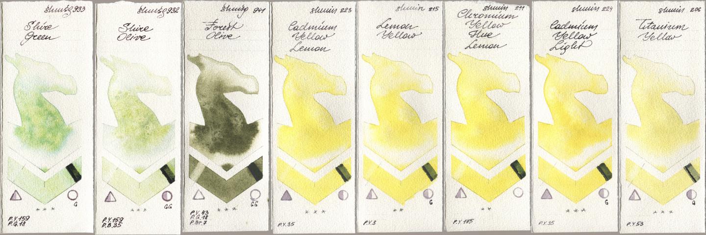 Shminke Horadam Aquarell 933 Shire Green, 932 Shire Olive, 941 Forest Olive, 223 Cadmium Yellow Lemon, 215 Lemon Yellow, 211 Chromium Yellow Hue Lemon, 224 Cadmium Yellow Light, 206 Titanium Yell watercolor swatch