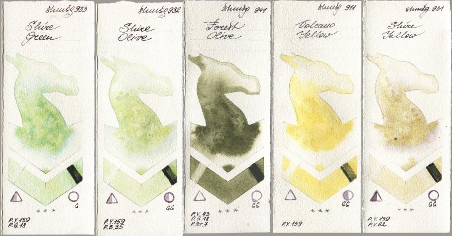 Shminke Horadam Aquarell 933 Shire Green, 932 Shire Olive, 941 Forest Olive, 911 Volcano Yellow, 931 Shire Yell watercolor swatch