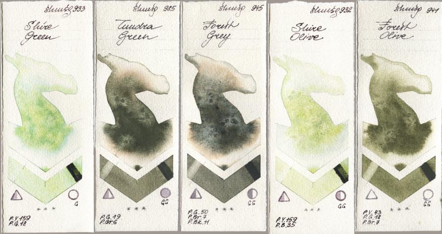 Shminke Horadam Aquarell 933 Shire Green, 985 Tundra Green, 945 Forest Grey, 932 Shire Olive, 941 Forest Oli watercolor swatch