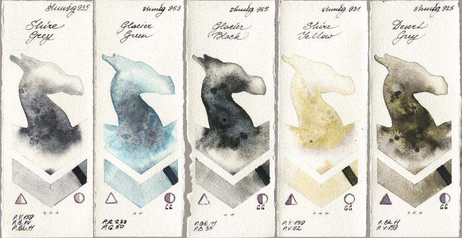 Shminke Horadam Aquarell 935 Shire Grey vs 963 Glacier Green vs 965 Glacier Black vs 931 Shire Yellow vs 925 Desert Grey watercolor swatch