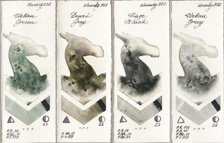 Shminke Horadam Aquarell 936 Urban Green vs 925 Desert Grey vs 970 Haze Black vs 956 Urban Grey watercolor swatch