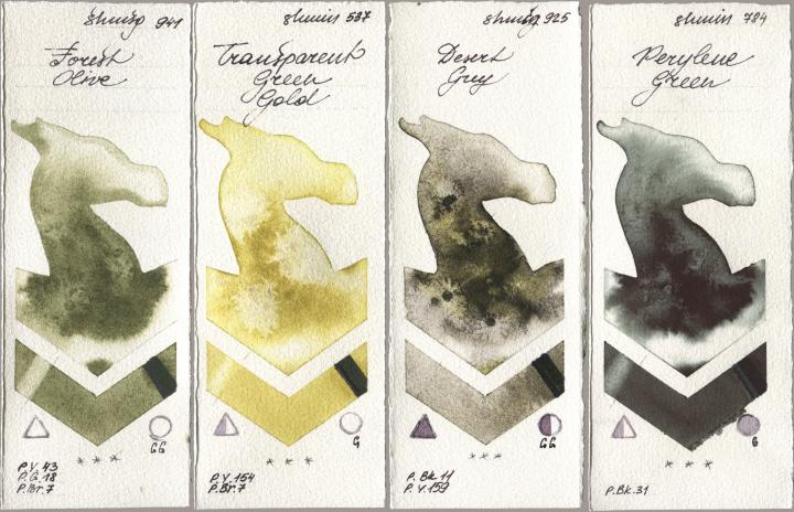 Shminke Horadam Aquarell 941 Forest Olive, 537 Transparent Green Gold, 925 Desert Grey, 784 Perylene Gre watercolor swatch