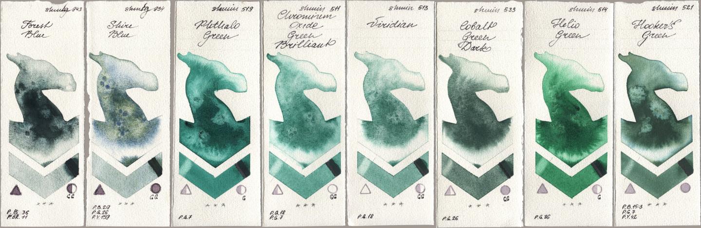 Shminke Horadam Aquarell 943 Forest Blue, 934 Shire Blue, 519 Phthalo Green, 511 Chromium Oxide Green Brilliant, 513 Viridian, 533 Cobalt Green Dark, 514 Helio Green, 521 Hookers Gre watercolor swatch