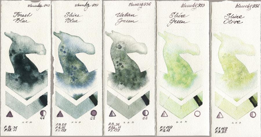 Shminke Horadam Aquarell 943 Forest Blue vs 934 Shire Blue vs 936 Urban Green vs 933 Shire Green vs 932 Shire Olive watercolor swatch