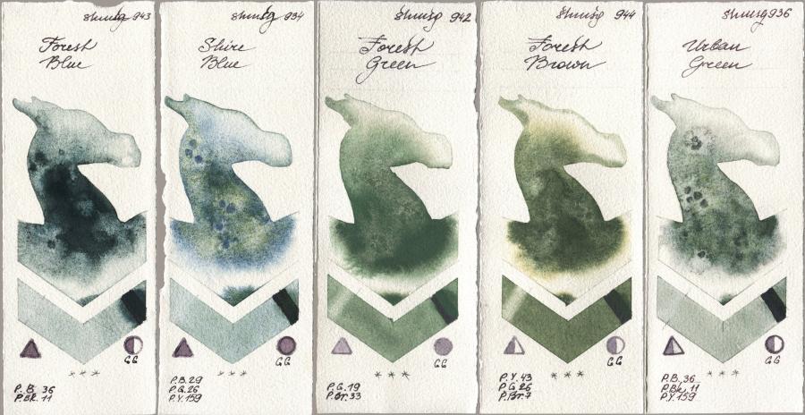 Shminke Horadam Aquarell 943 Forest Blue, 934 Shire Blue, 942 Forest Green, 944 Forest Brown, 936 Urban Gre watercolor swatch