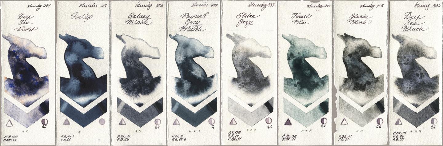 Shminke Horadam Aquarell 951 Deep Sea Violet, 485 Indigo, 975 Galaxy Black, 787 Paynes Grey Bluish, 935 Shire Grey, 943 Forest Blue, 965 Glacier Black, 955 Deep Sea Bla watercolor swatch