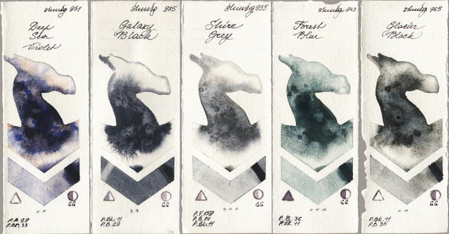 Shminke Horadam Aquarell 951 Deep Sea Violet, 975 Galaxy Black, 935 Shire Grey, 943 Forest Blue, 965 Glacier Bla watercolor swatch