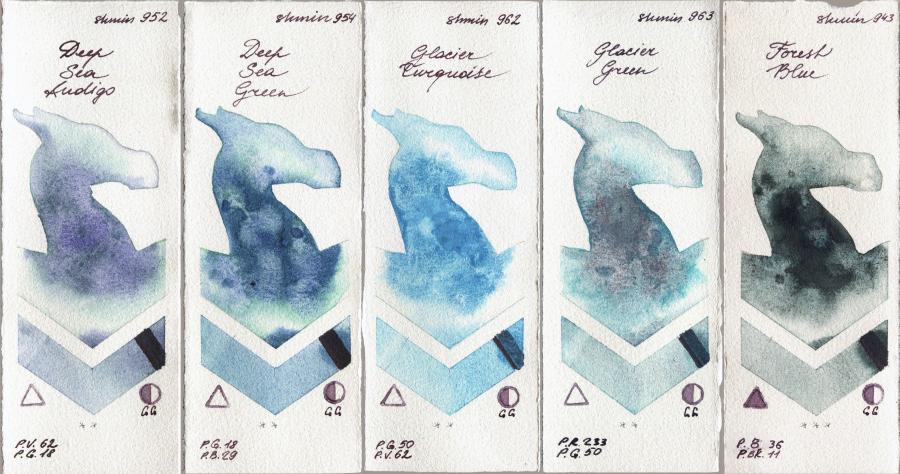 Shminke Horadam Aquarell 952 Deep Sea Indigo vs 954 Deep Sea Green vs 962 Glacier Turquoise vs 963 Glacier Green vs 943 Forest Blue watercolor swatch