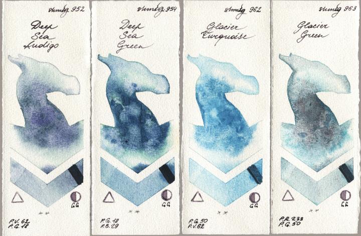 Shminke Horadam Aquarell 952 Deep Sea Indigo, 954 Deep Sea Green, 962 Glacier Turquoise, 963 Glacier Gre watercolor swatch