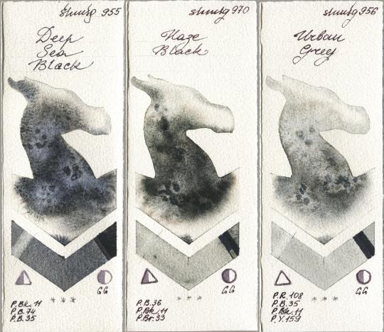 Shminke Horadam Aquarell 955 Deep Sea Black, 970 Haze Black, 956 Urban Gr watercolor swatch