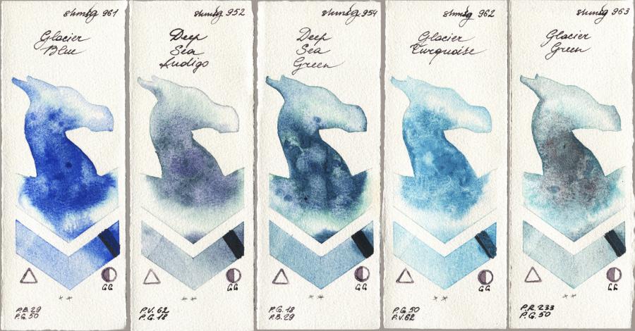 Shminke Horadam Aquarell 961 Glacier Blue vs 952 Deep Sea Indigo vs 954 Deep Sea Green vs 962 Glacier Turquoise vs 963 Glacier Green watercolor swatch