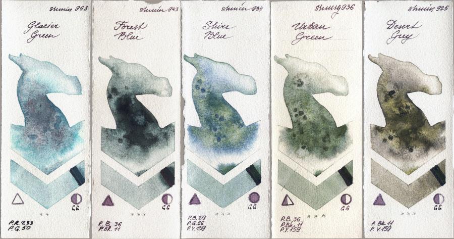 Shminke Horadam Aquarell 963 Glacier Green vs 943 Forest Blue vs 934 Shire Blue vs 936 Urban Green vs 925 Desert Grey watercolor swatch
