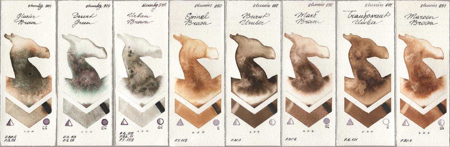 Shminke Horadam Aquarell 964 Glacier Brown, 924 Desert Green, 946 Urban Brown, 650 Spinel Brown, 668 Burnt Umber, 658 Mars Brown, 671 Transparent Umber, 651 Maroon Bro watercolor swatch