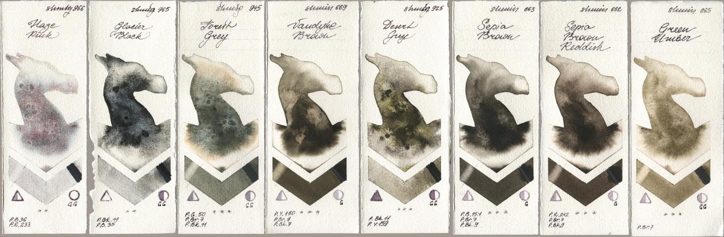 Shminke Horadam Aquarell 966 Haze Pink, 965 Glacier Black, 945 Forest Grey, 669 Vandyke Brown, 925 Desert Grey, 663 Sepia Brown, 662 Sepia Brown Reddish, 665 Green Umb watercolor swatch