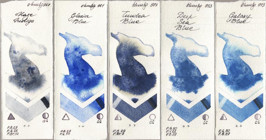 Shminke Horadam Aquarell 968 Haze Indigo, 961 Glacier Blue, 984 Tundra Blue, 953 Deep Sea Blue, 973 Galaxy Bl watercolor swatch