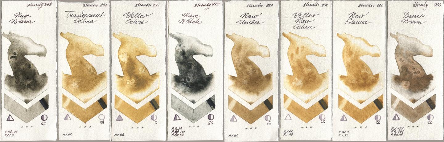 Shminke Horadam Aquarell 969 Haze Brown, 657 Transparent Ochre, 655 Yellow Ochre, 970 Haze Black, 667 Raw Umber, 656 Yellow Raw Ochre, 660 Raw Sienna, 923 Desert Bro watercolor swatch