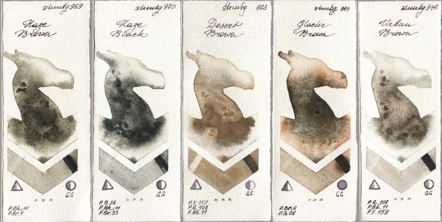 Shminke Horadam Aquarell 969 Haze Brown, 970 Haze Black, 923 Desert Brown, 964 Glacier Brown, 946 Urban Bro watercolor swatch
