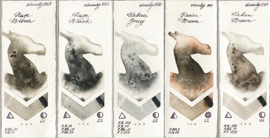 Shminke Horadam Aquarell 969 Haze Brown vs 970 Haze Black vs 956 Urban Grey vs 964 Glacier Brown vs 946 Urban Brown watercolor swatch
