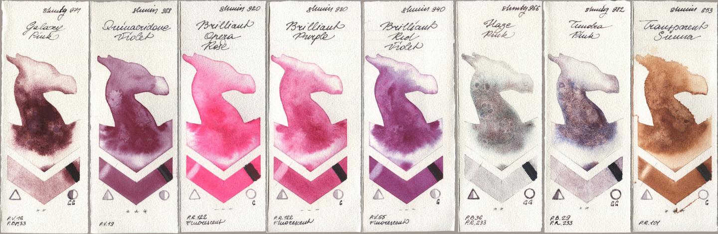 Shminke Horadam Aquarell 971 Galaxy Pink, 368 Quinacridone Violet, 920 Brilliant Opera Rose, 930 Brilliant Purple, 940 Brilliant Red Violet, 966 Haze Pink, 982 Tundra Pink, 653 Transparent Sien watercolor swatch
