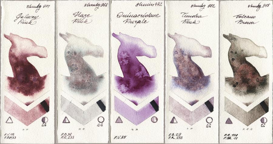 Shminke Horadam Aquarell 971 Galaxy Pink, 966 Haze Pink, 472 Quinacridone Purple, 982 Tundra Pink, 915 Volcano Bro watercolor swatch