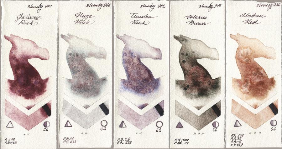 Shminke Horadam Aquarell 971 Galaxy Pink vs 966 Haze Pink vs 982 Tundra Pink vs 915 Volcano Brown vs 926 Urban Red watercolor swatch