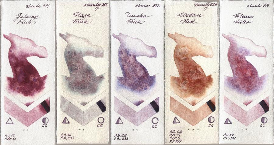 Shminke Horadam Aquarell 971 Galaxy Pink vs 966 Haze Pink vs 982 Tundra Pink vs 926 Urban Red vs 914 Volcano Violet watercolor swatch